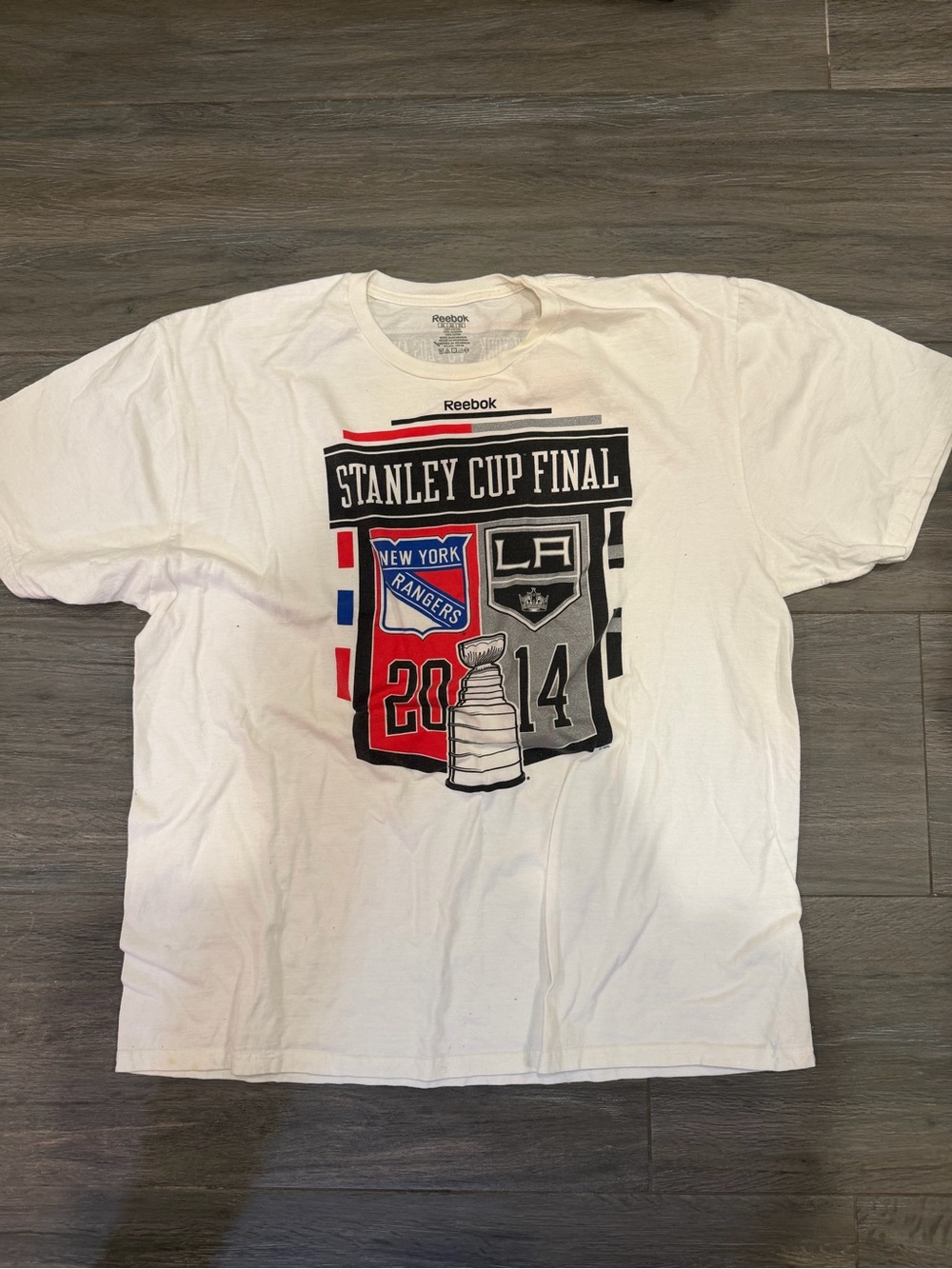 Reebok White Graphic Tee with Red, Black and Gray Stripes